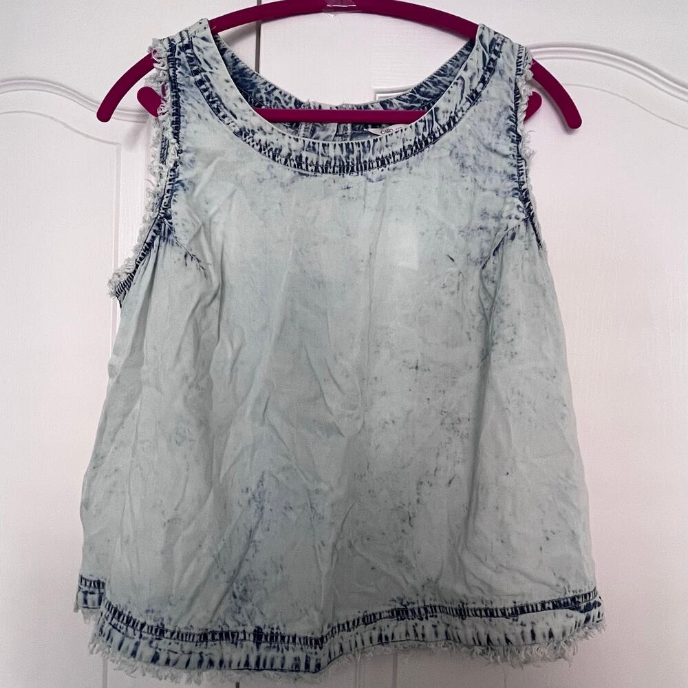 Cato Acid Wash Chambray Denim Sleeveless Fringed Button Back Top Plus Sz 18/20W